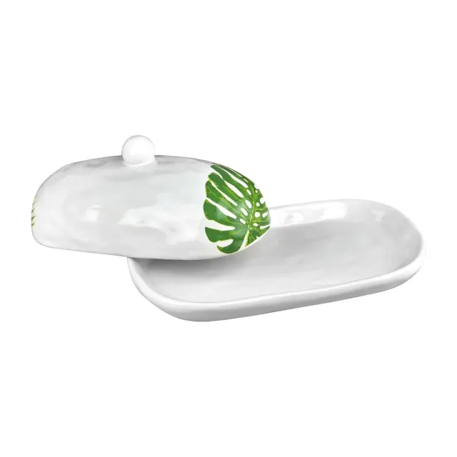 Godinger Monstera Palm Leaf smørskål hvid porcelæn